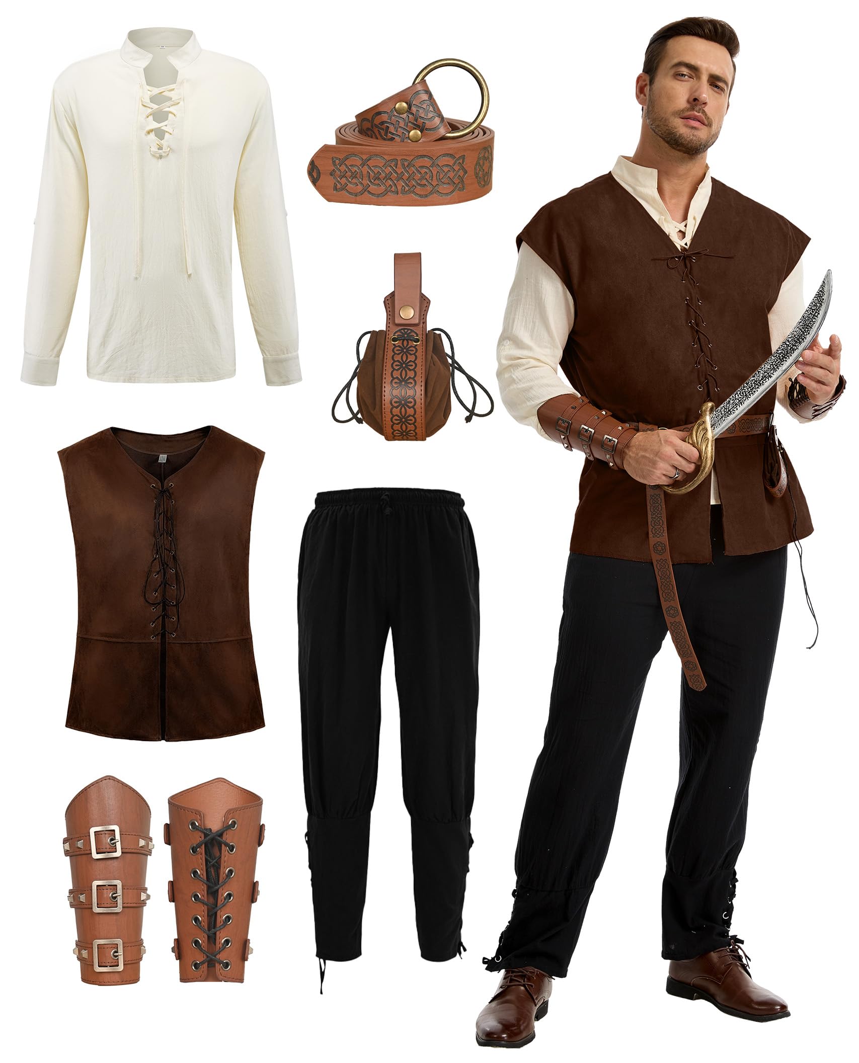 MIQEBX Men's Medieval Viking Costume Set - 6 Piece Renaissance Pirate Outfit with Lace-Up Shirt, Vest, Trousers, Bracers, Quiver & Celtic Belt for LARP, Halloween & Fancy Dress (White + Brown, 3XL)