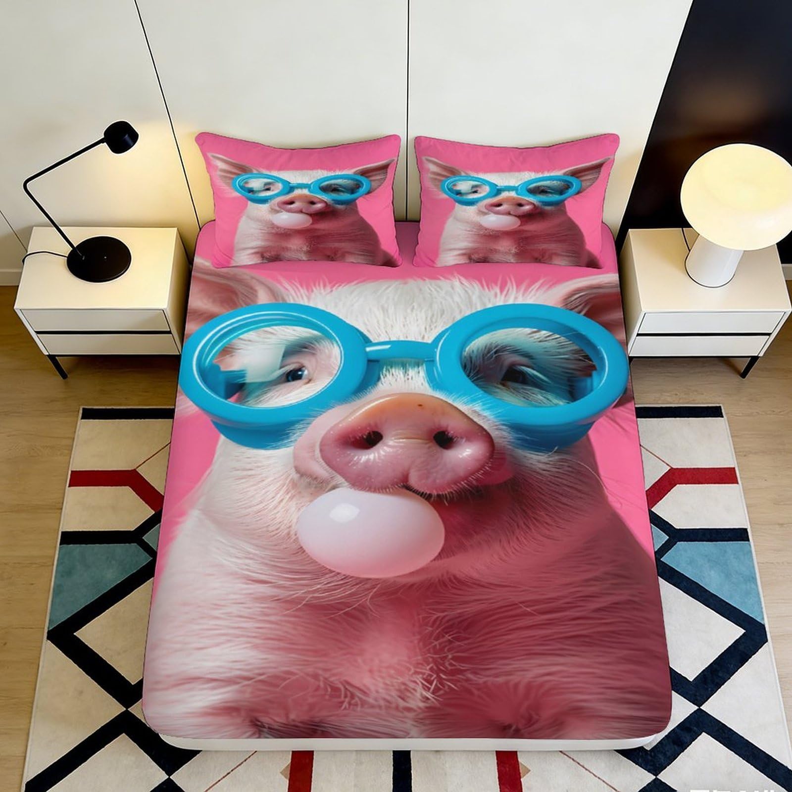 3D Printed Pig Bubble Fitted Sheet Microfiber Pink Animal Glasses Bed Sheet for Bedroom Dorm Mattress Decor 90x200x25cm