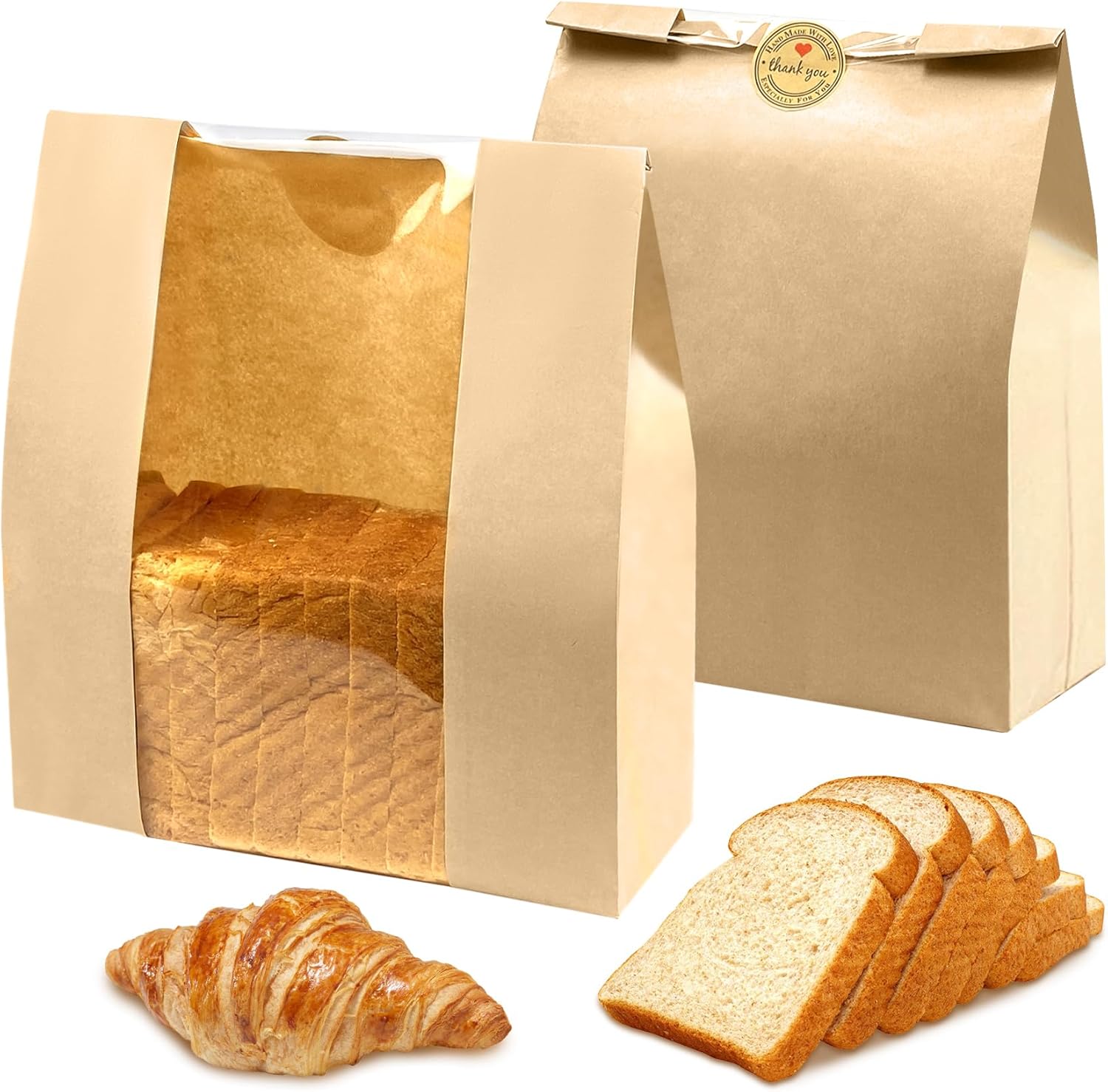 HOFURME 100-Pack Large Bread Bags With Window - 12.2x8.3x3.5 Inch Kraft Paper Bags With Tin Tie