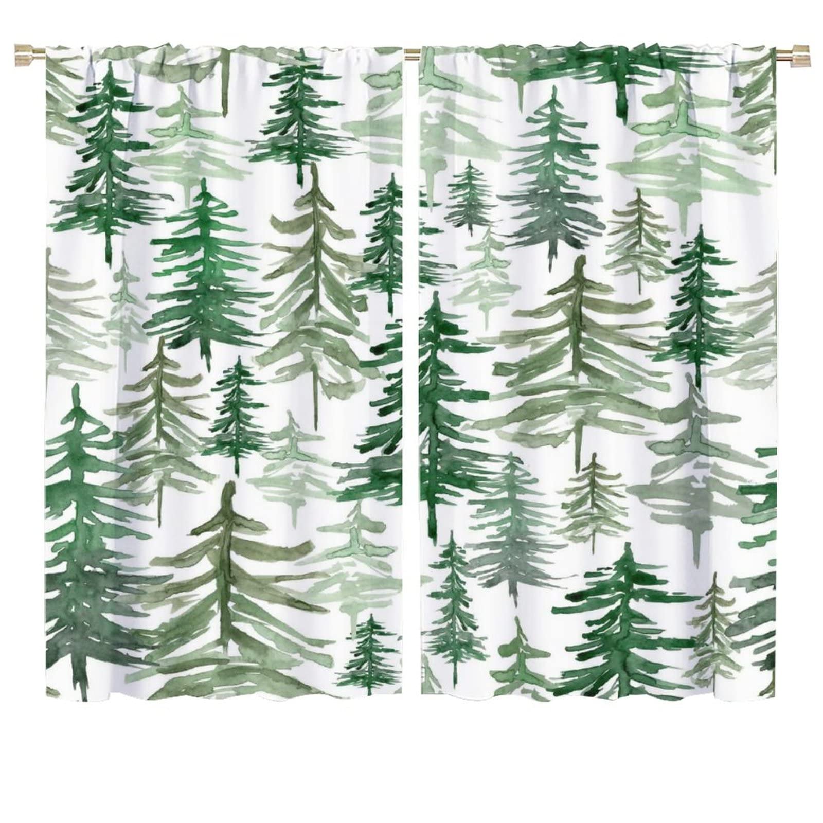 Green Forest Tree Curtain, Pine Coniferou Trees Forest Watercolor Design Room Darkening Door Window Rod Pocket Curtain for Bedroom Living Room 72x63in