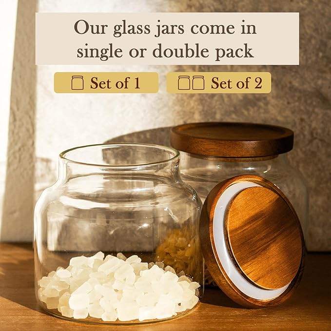 Labina Glass Storage Container Airtight Food Jars Kitchen Canister with Wood Lids, 20 Oz Wide Mouth Pantry Organization Glass Jar for Flour, Sugar, Cookie, Spagetti, Nuts and Candy (2 Pack)
