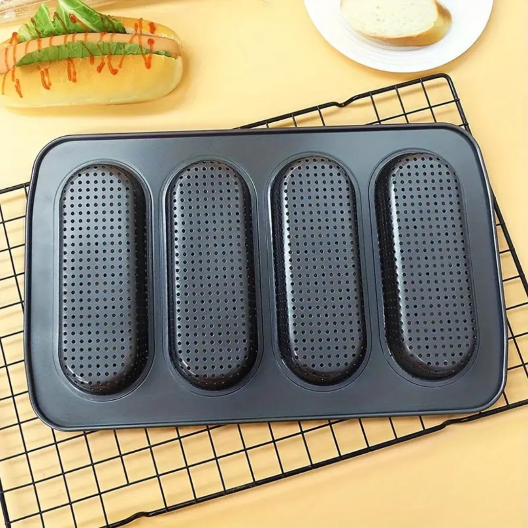 PALUPLUS Stampo per Pane, Misura 34,6x21,5 cm, Teglia da Forno in Acciaio al Carbonio Antiaderente, 4 Forme Forate da 7x17 cm per Mini Baguettes, Resistente fino a 230° -3995F