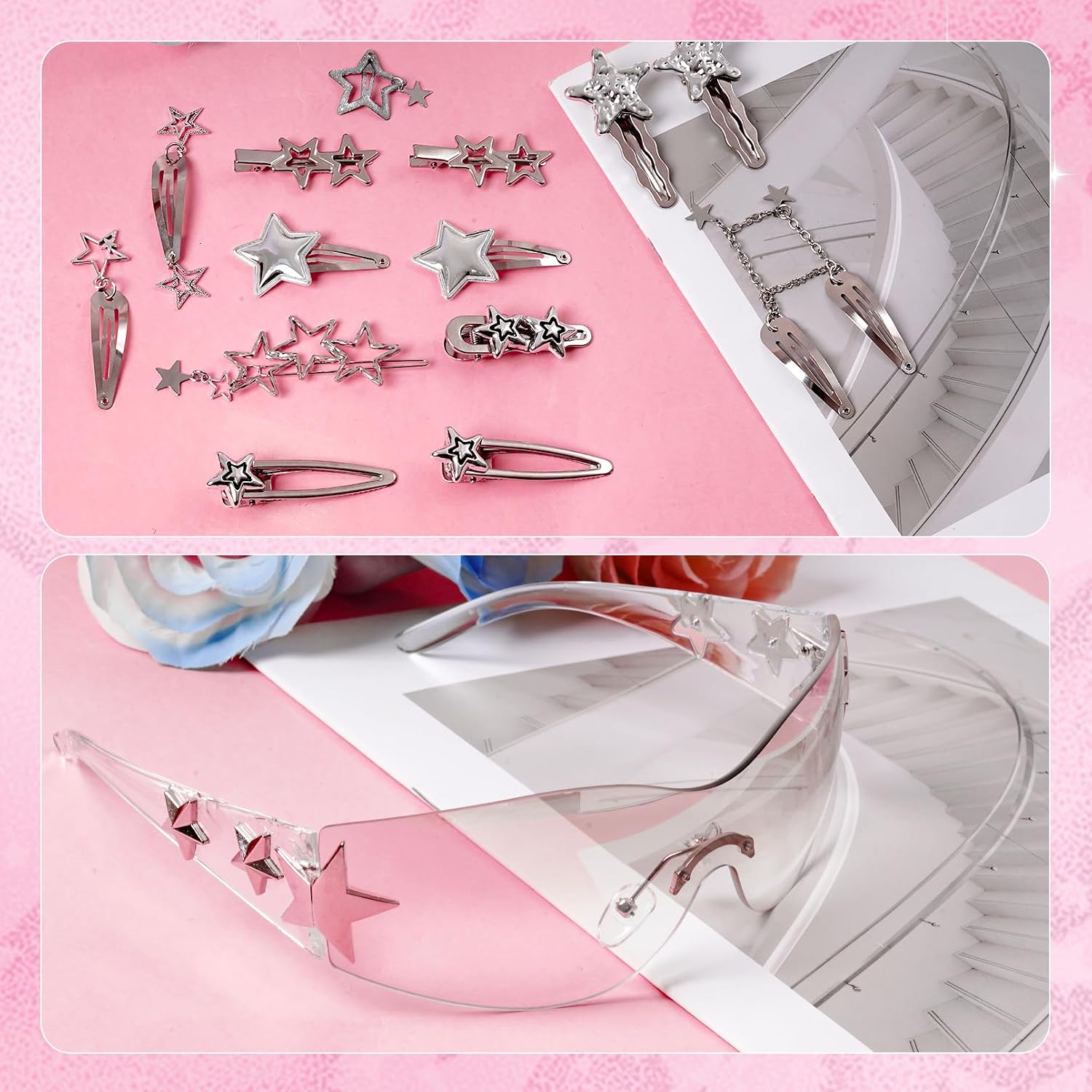 15Pcs Y2k Accessories Set, Silver Star Hair Clips Y2K Sunglasses Vintage Jewelry Set 2000s Hair Accessories for Women Girls
