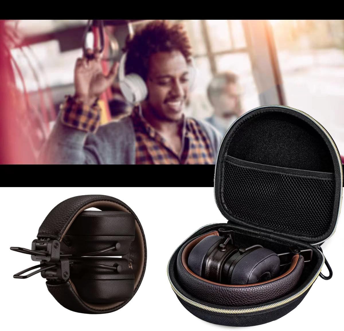 On Ear Bluetooth Headphones Case Storage Carrying Bag Compatible with Marshall Major V/IV/III/II/ 5/4/ 3/2 (Black + Gold) - Image 3