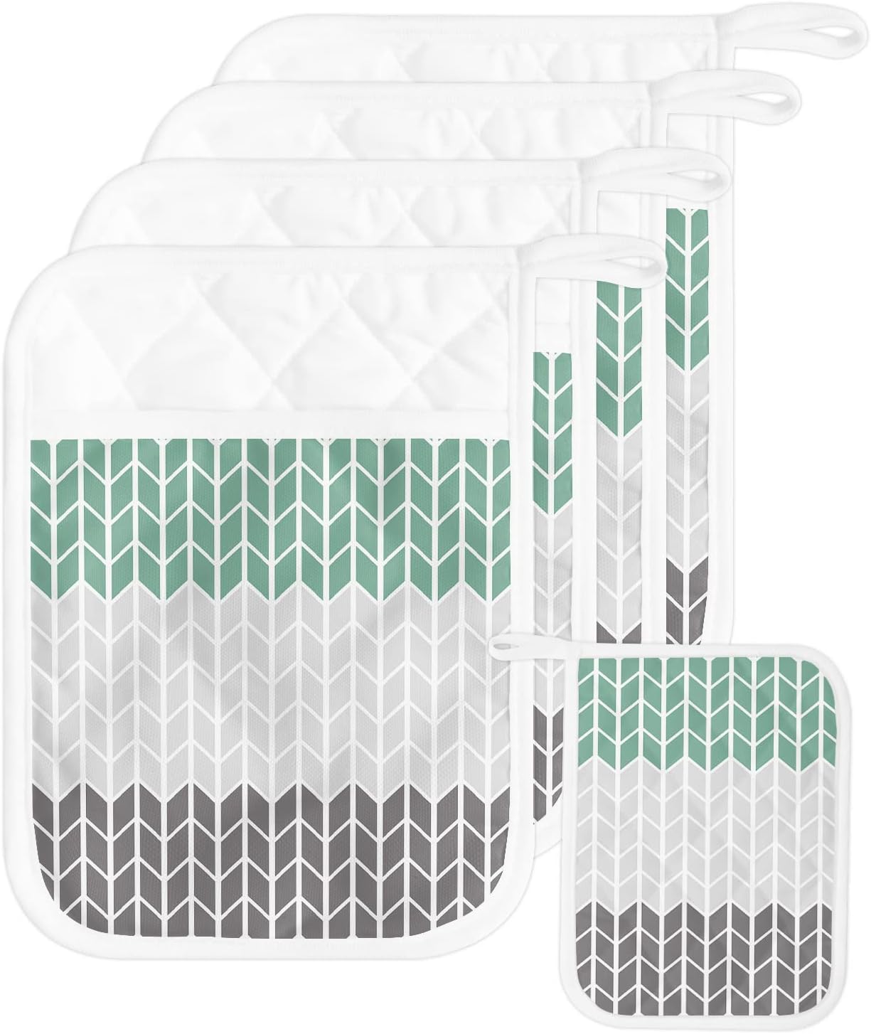 Pot Holders with Pockets, Heat-Resistant Hot Pads for Kitchen, Y-Shaped Geometric Print Cyan and Gray Oven Mitts Pot Holders Sets Potholders for Baking Cooking Pack of 5