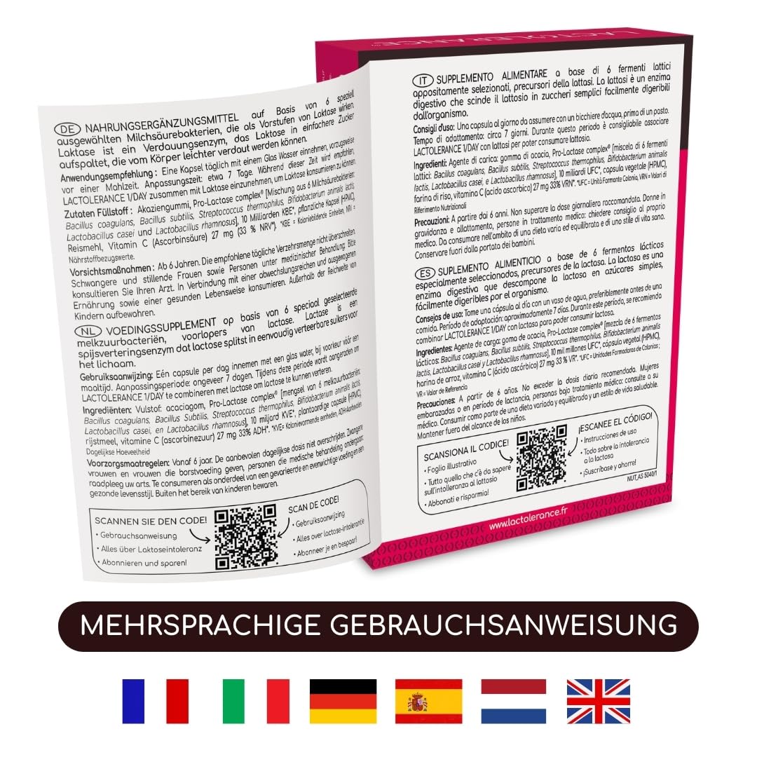 LACTOLERANCE 1/DAY Laktase-Vorstufe, Milchsäurebakterien, 24h, 90 Kapseln | Nur 1 Kapsel pro Tag. 24-Stunden-Schutz. Geeignet bei Laktoseintoleranz. Unterstützt die Laktoseverdauung. Probiotika.