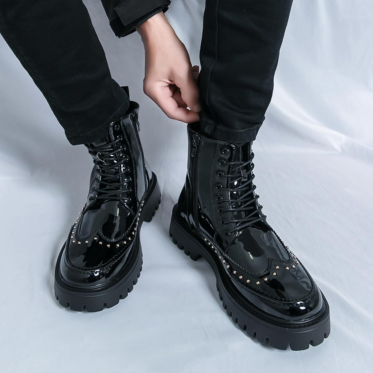 Men's Patent Leather Platform Wingtip Ankle Boots Fashion Rivet Lace Up Side Zipper Lug Sole Chunky Heel Dress Booties Casual High Top Motorcycle Boots