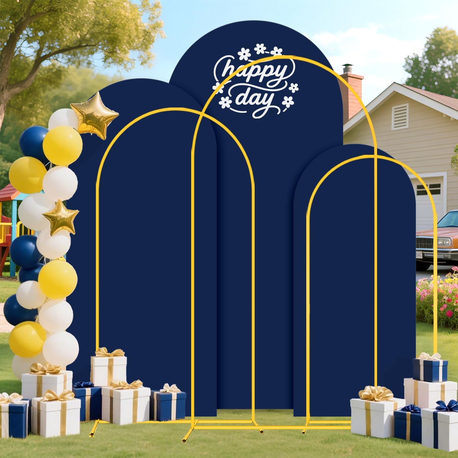 FUHSY Metal Arch Backdrop Stand and Cover Set of 3 Wedding Metal Arch Stand with Navy Blue Arch Backdrop Cover Spandex 6FT, 5FT, 4FT Stable Arch Frames for Bridal Baby Shower Birthday Party Decor