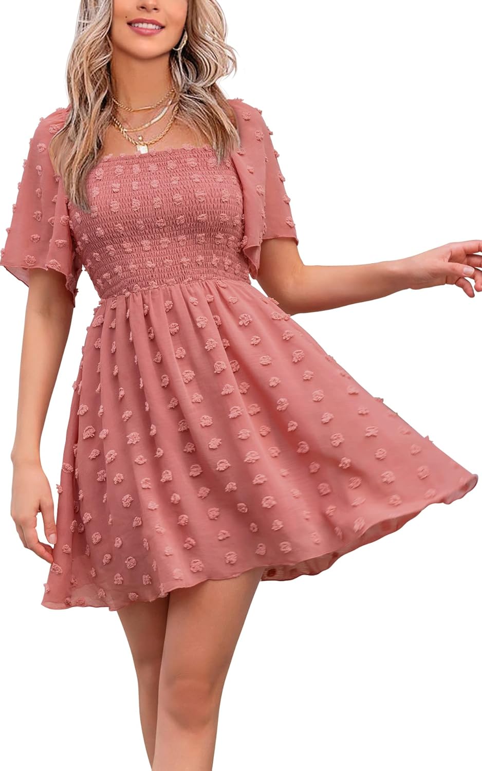 EXLURA Women's 2026 Summer Casual Square Neck Dresses Ruffle Short Sleeve Swiss Dot Flowy Mini Dress