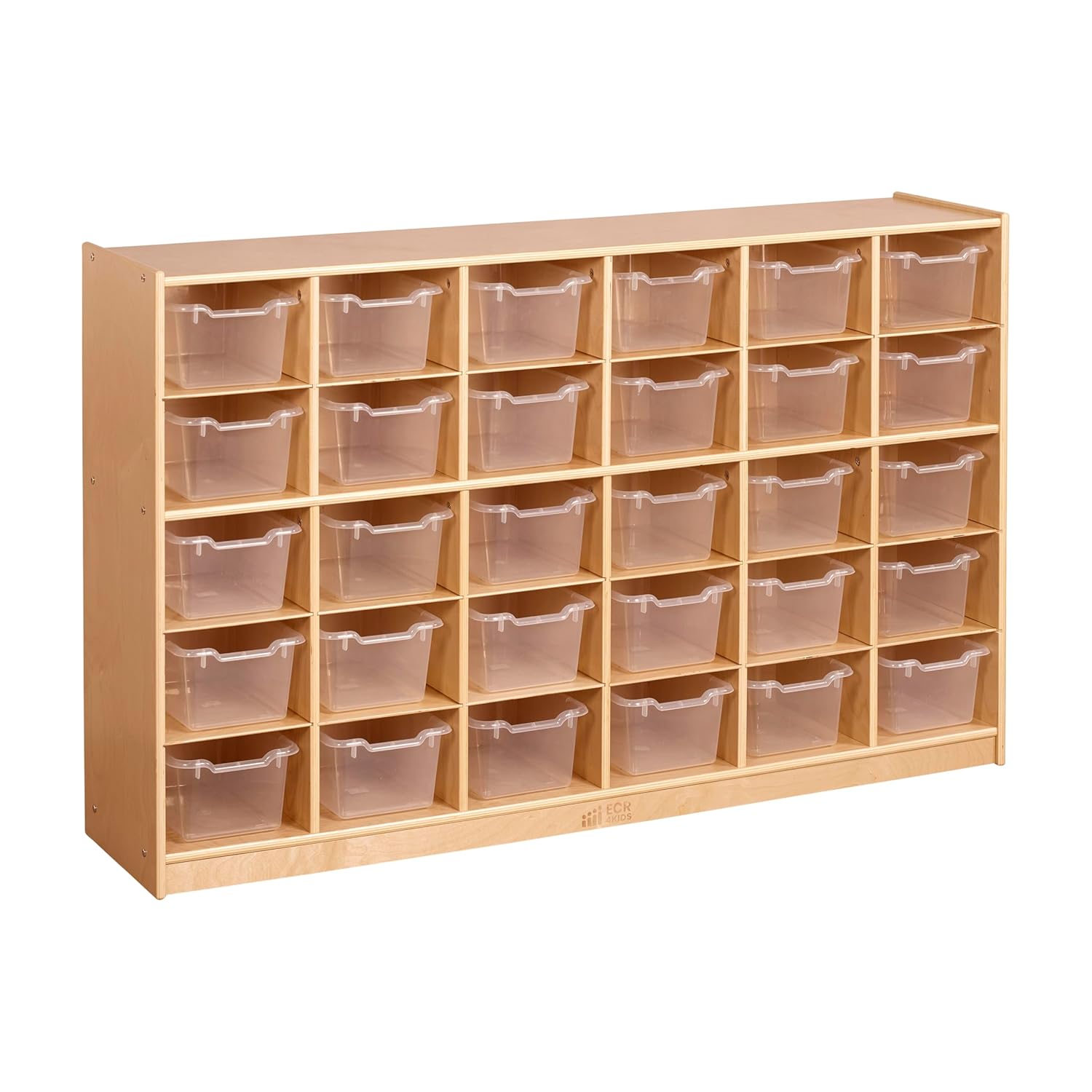 ECR4Kids 30 Cubby Mobile Tray Cabinet with 30 Scoop Front Storage Bins, 5x6, Natural, Classroom Furniture, Clear