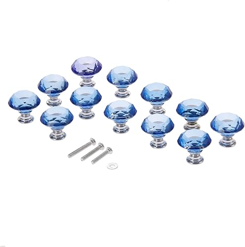 Mtsooning 12 pomos de diamante azul, mango de armario de cristal de 1.18 pulgadas, tirador de cajón de vidrio transparente, herrajes para muebles