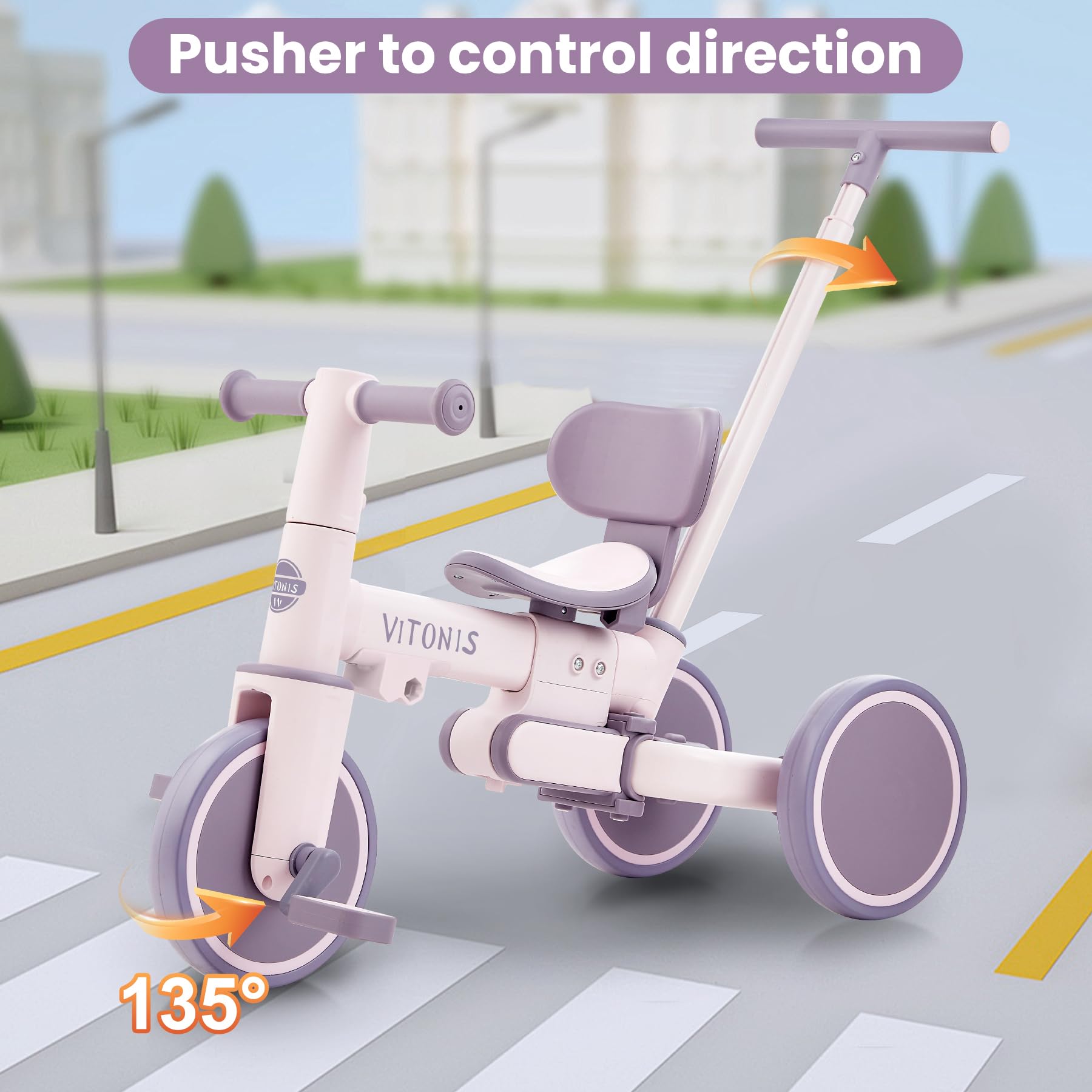 VITONIS bicicletta senza pedali da 1 anno, triciclo 5 in 1 con barra di spinta per bambini, girello per bambini da 1 a 4 anni Regali e giocattoli (viola)