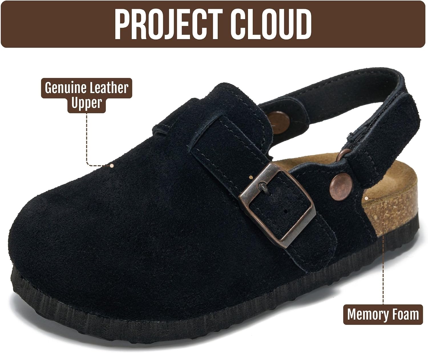Project Cloud Kids 100% Genuine Leather Non Slip Clogs with Cork Footbed