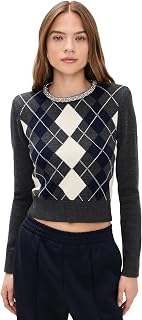 Women's Argyle Crystal Trim Sweater