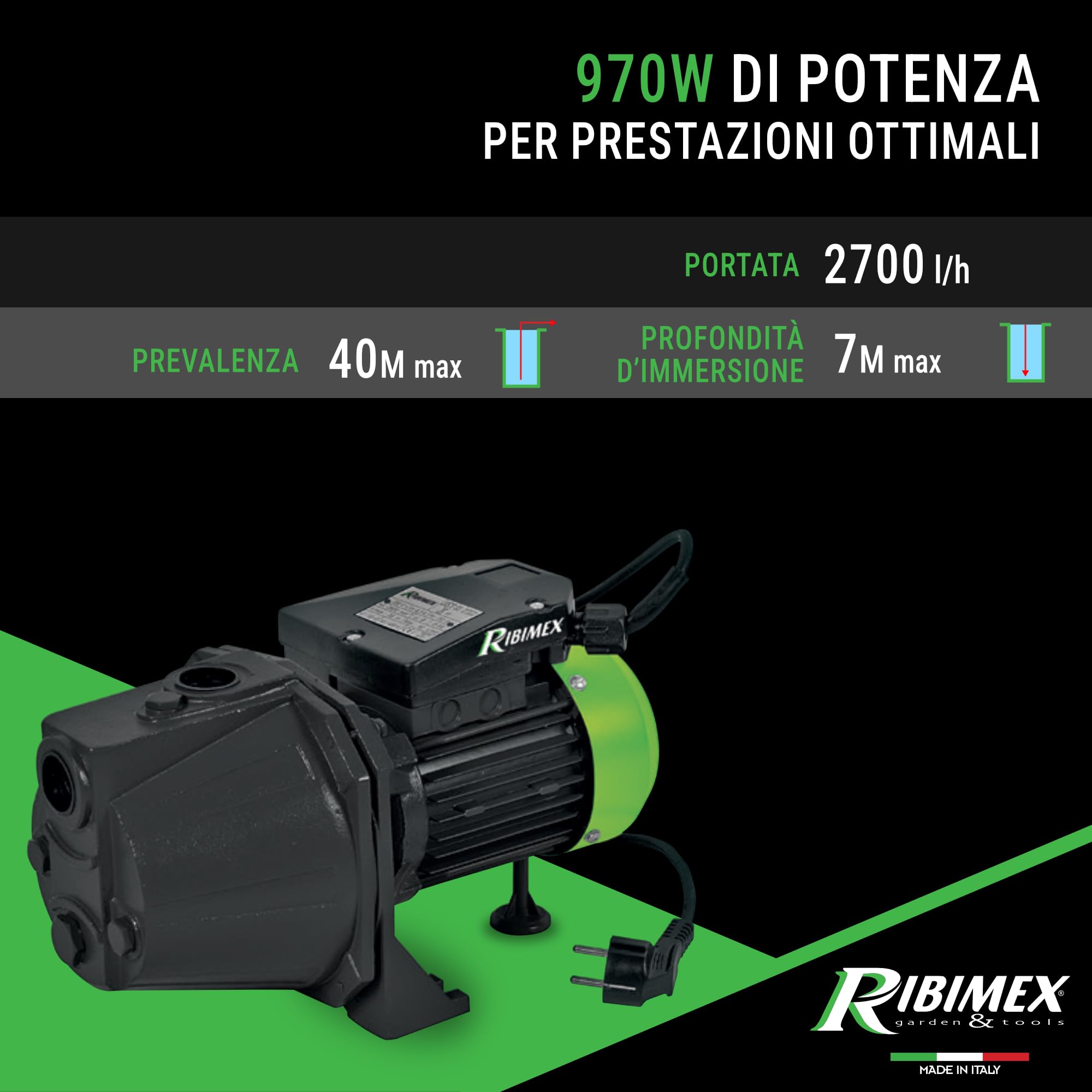 Ribimex Pompa di Superficie Autoadescante JET 101 970W 2700 L/h 4 Bar 40 m Alluminio