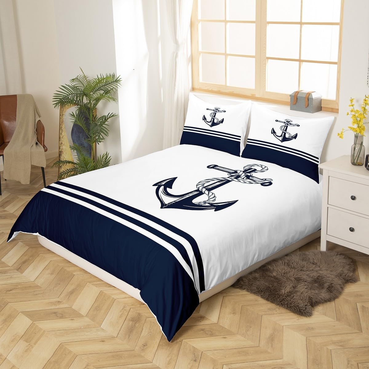 Anchor Decor Bedding Set King Size Kids Nautical Themed Comforter Cover Set for Boys Teens Ocean Coastal Duvet Cover Breathable Sea Adventure Navy Blue White Bedspread Cover Room Decor Quilt Cover
