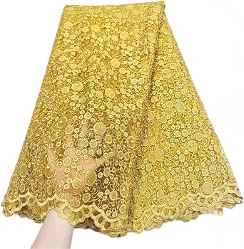 LadyQ Gold African Net Lace Fabric 2024 Bridal French Lace Fabric 5 Yards African Dresses Beaded Tulle Cord Lace Fabric For Women 033827 Gold
