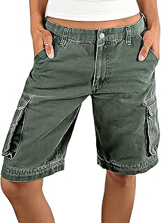 Bermuda Shorts for Women Knee Length Mid Rise Straight Leg Baggy Denim Shorts Summer Casual with Flap Pocket