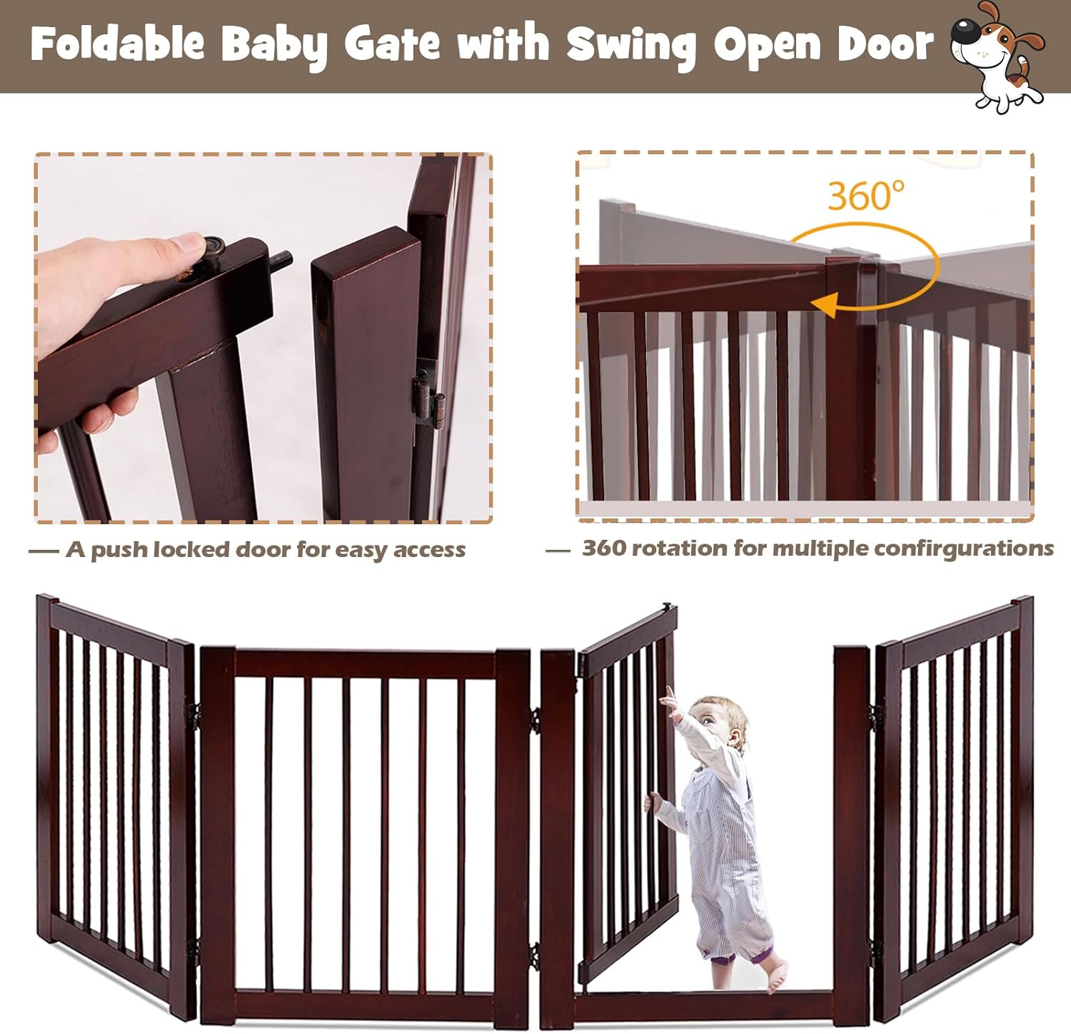Tall Dog Gate with Door, 4-Panel 30 inch High Wooden Puppy Playpen, Freestanding Pet Door Gates, Folding Indoor Pet Enclosure, Extra Wide Room Divider for House, Stairs, Doorway