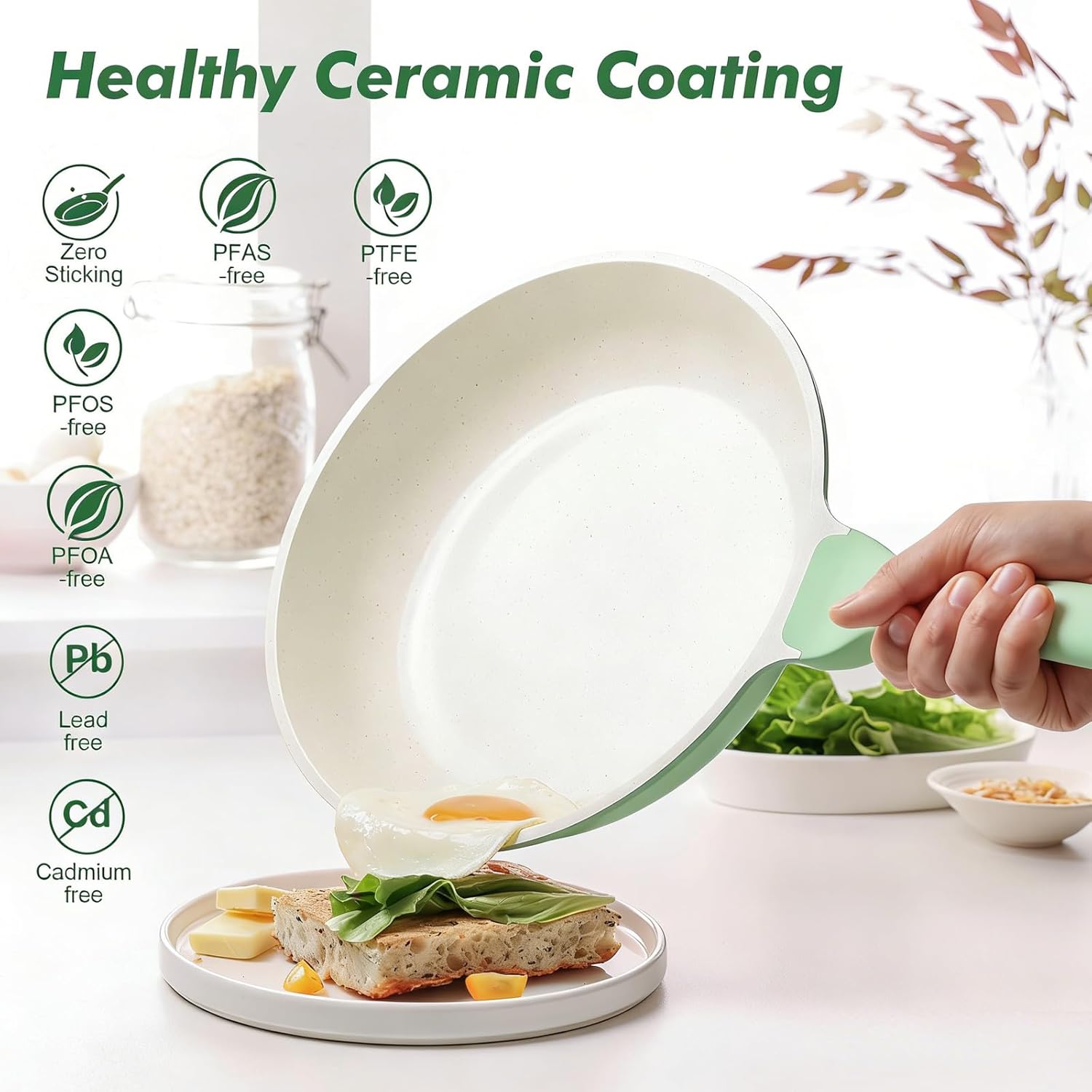 sensarte nonstick ceramic frying pan 11-inch, healthy non toxic skillet, induction compatible omelet pan with heat resistant handle, pfas-free, mint green 11 inch mint green