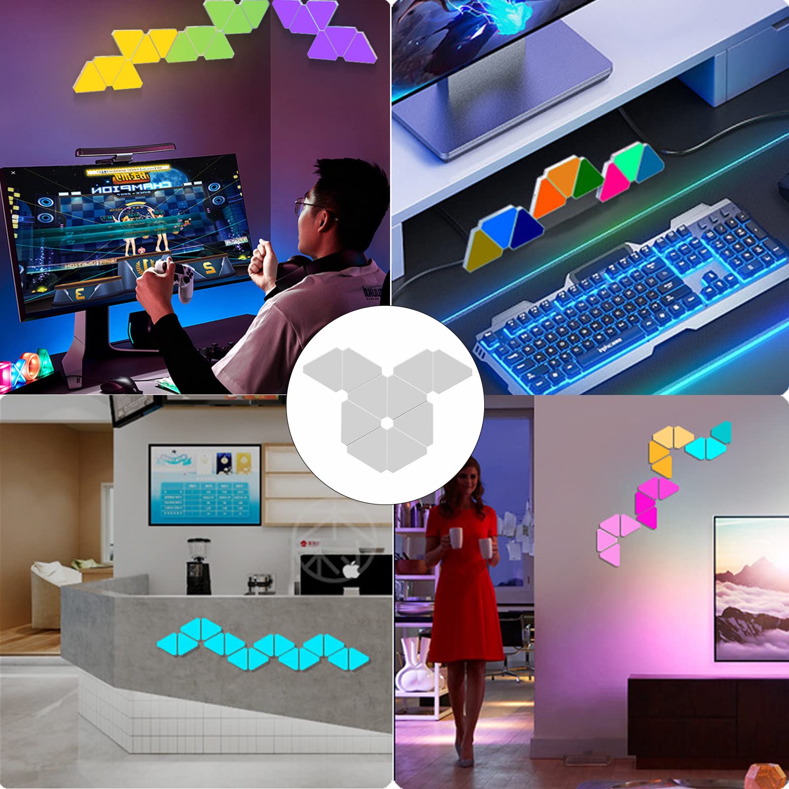 Paneles luminosos triangulares LED, aplique de pared que cambian de color, lámpara de juego inteligente RGB con control de aplicación y sincronización de música remota para dormitorio, sala de estar y