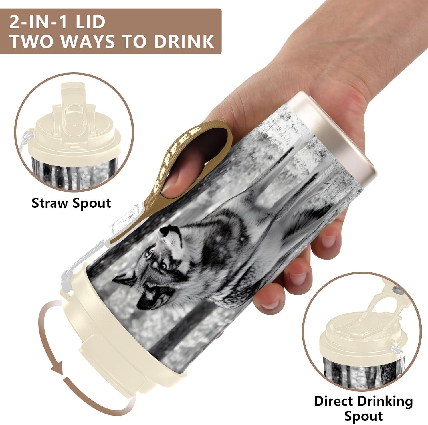 Insulated Coffee Mug Wolf Gray Forest with Straw & Flip Lid, 16.9oz Iced Tumbler Cup, Double Wall Vacuum Mug for Travel Office Camping