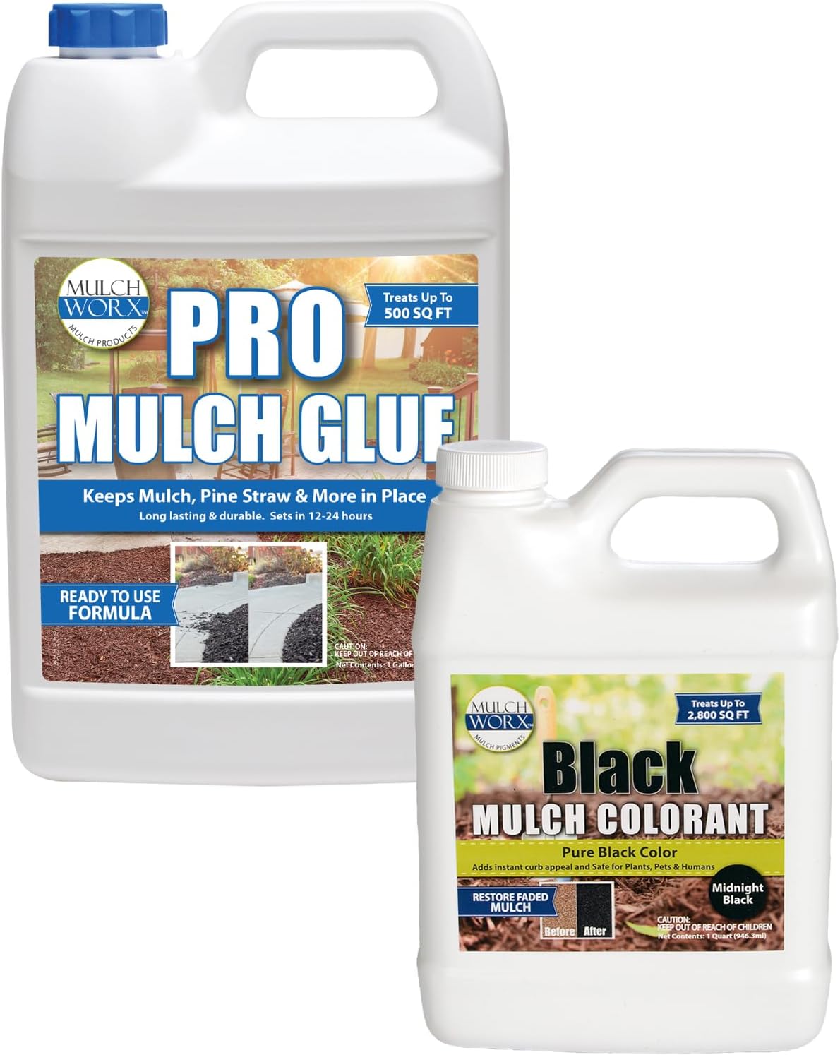 Pro Mulch Glue Ready to Use- Glues & Locks Mulch Gallon (128oz) and Black Mulch Color- Pure Midnight Black Mulch Dye Spray Quart (32oz)
