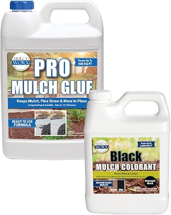 Pro Mulch Glue Ready to Use- Glues & Locks Mulch Gallon 128oz and Black Mulch Color- Pure Midnight Black Mulch Dye Spray Quart 32oz