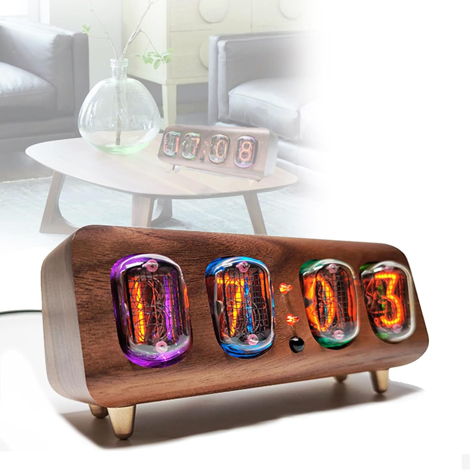 Elektroniczny zegarek Nixie Tube, kreatywny świecący kolorowy zegarek, regulowana jasność, niezrównane efekty wizualne, skorupa orzecha włoskiego, ręcznie wykonana, prezent dla ukochanej, przyjaciela