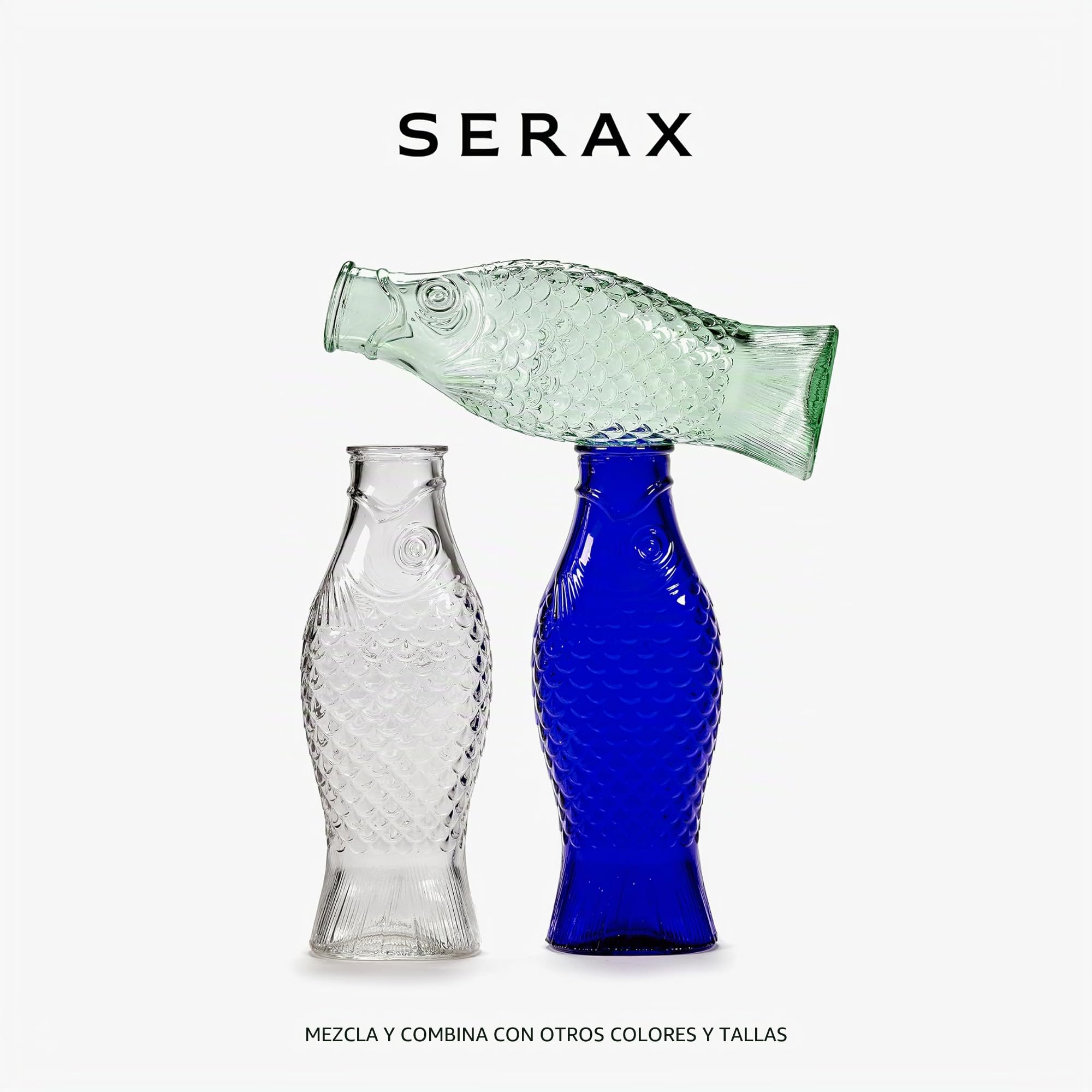 Jarra de vidrio para agua | Colección Fish & Fish de Paola Navone | Jarra 850ml | Botella azul transparente para bebidas | Adecuado como jarrón