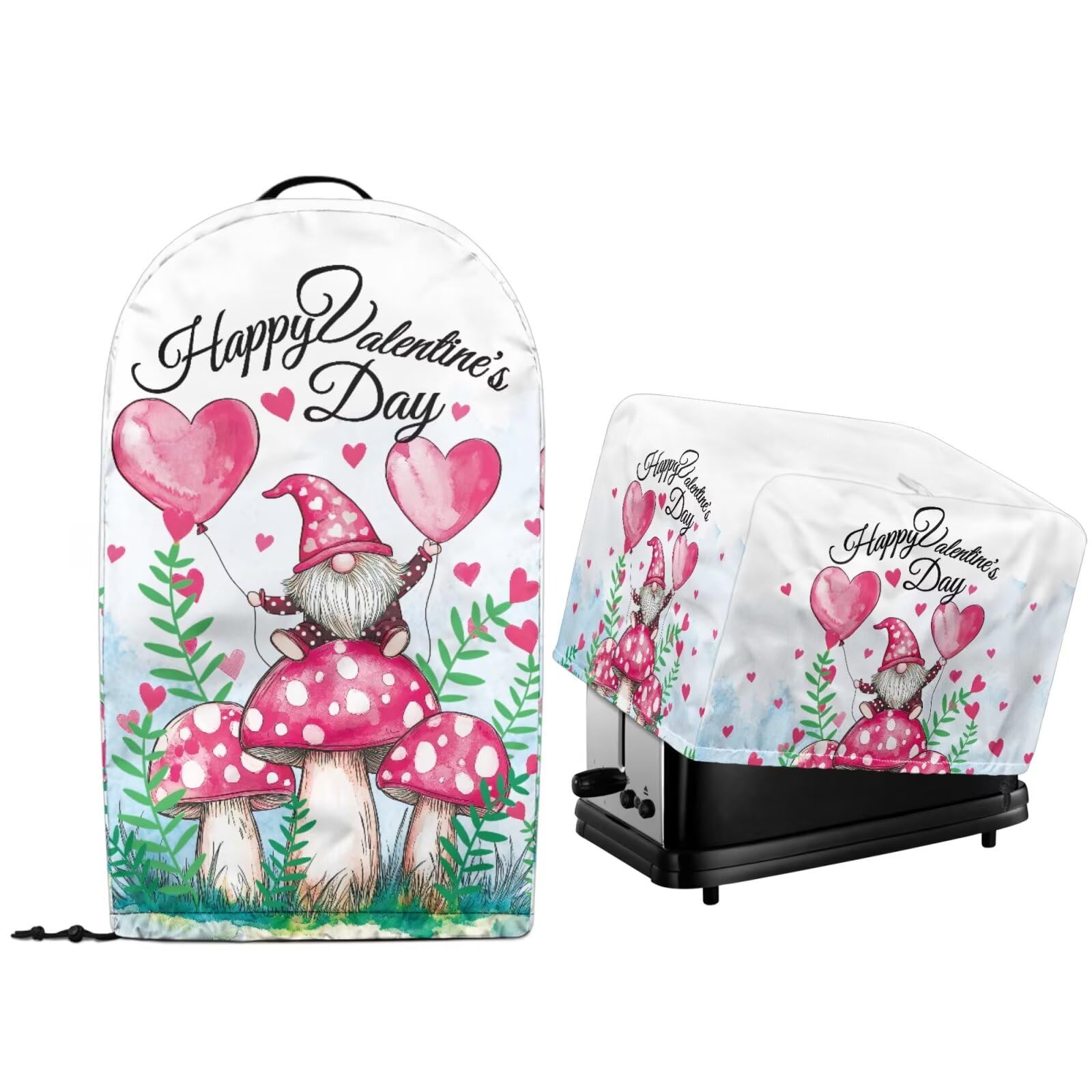 Valentine's Day 2 Pcs Kitchen Appliance Dust Covers for Countertop Stand Mixer Food Processor Blender and Toaster Maker Oven Protector Covers Love Mushroom Gnome