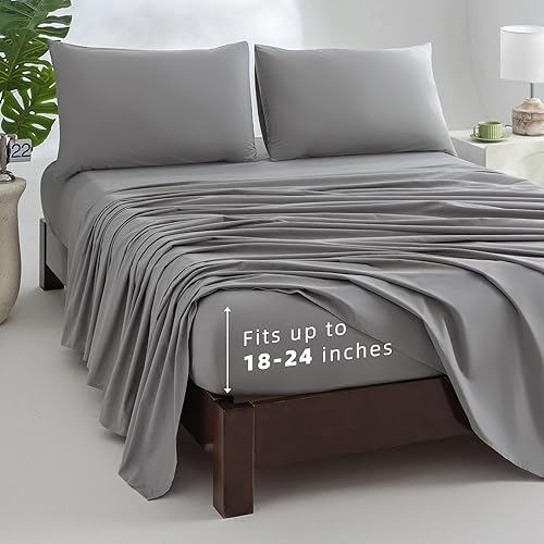 Miniatura 7 de Sábanas 100% algodón tamaño King con bolsillo profundo para colchones de 18 a 24 pulgadas, lujosas, suaves, transpirables, refrescantes, algodón
