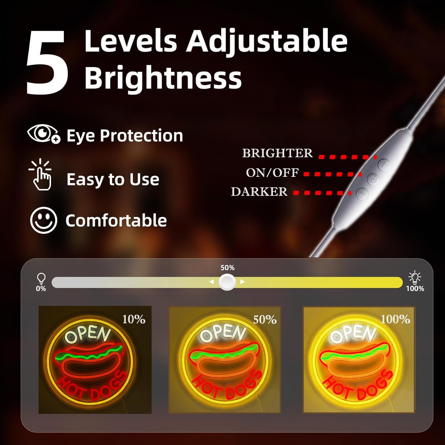 Hot Dog Open Neon Sign 13.5" x 13.5" LED Light Up Business Open Sign for Fast Food Shop Restaurant Bar Kitchen Wall Decor Dimmable USB Powered Neon Light Gift for Hot Dog Lovers