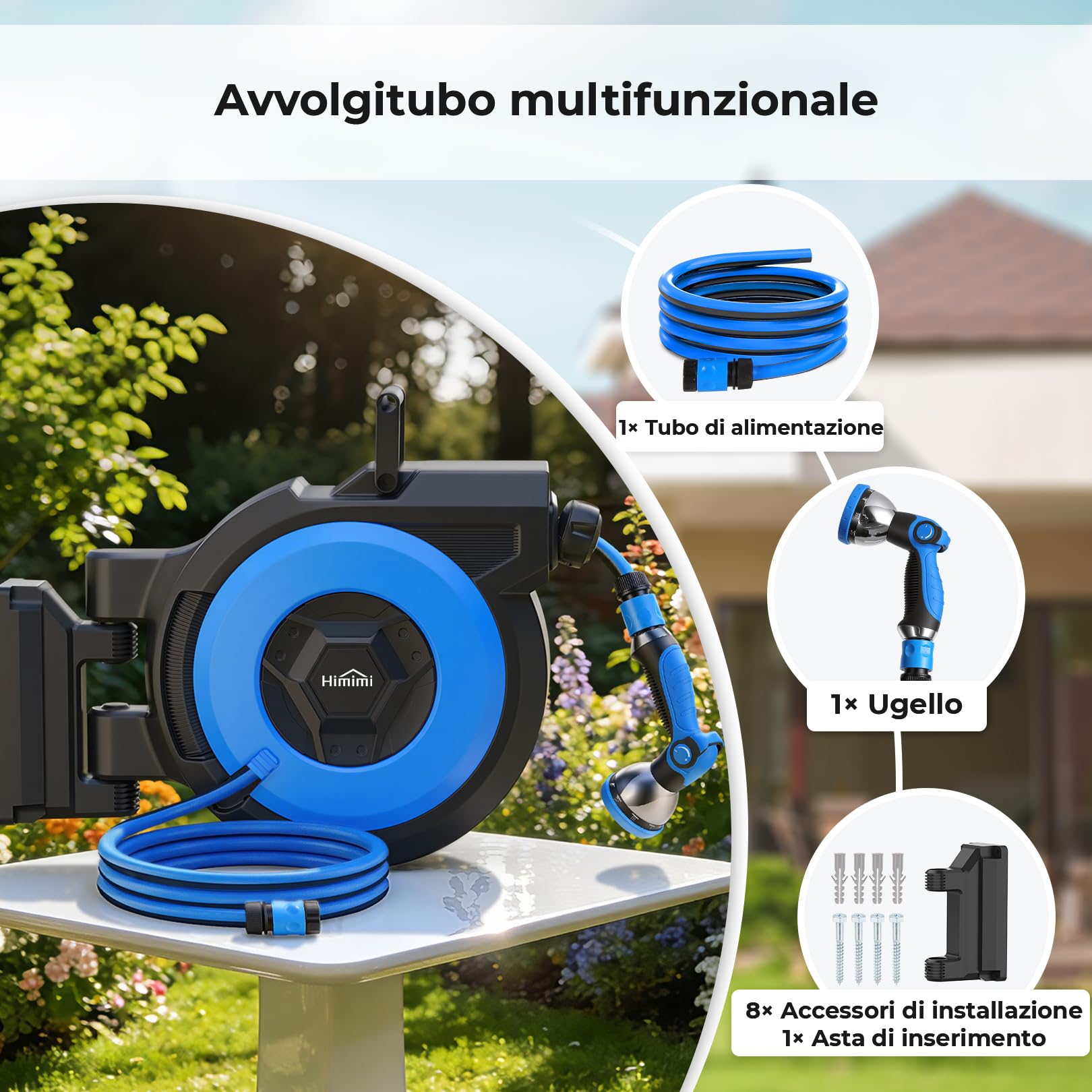Himimi Avvolgitubo Giardino Ritraibile 30+2m Parete Automatico, Avvolgitubo Auto-Rewind con Pistola Spray 10 Funzioni, Girevole 180° per Pulizia & Irrigazione Esterna | retrattile, montaggio a parete, avvolgimento automatico