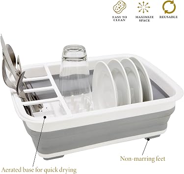 Kitchen Details Collapsible Dish Drying Rack | Space Saver | Aerated Bases Drain Holes | Plates, Bowls, Utensils Compartments | Countertop and Sink Storage | White/Grey