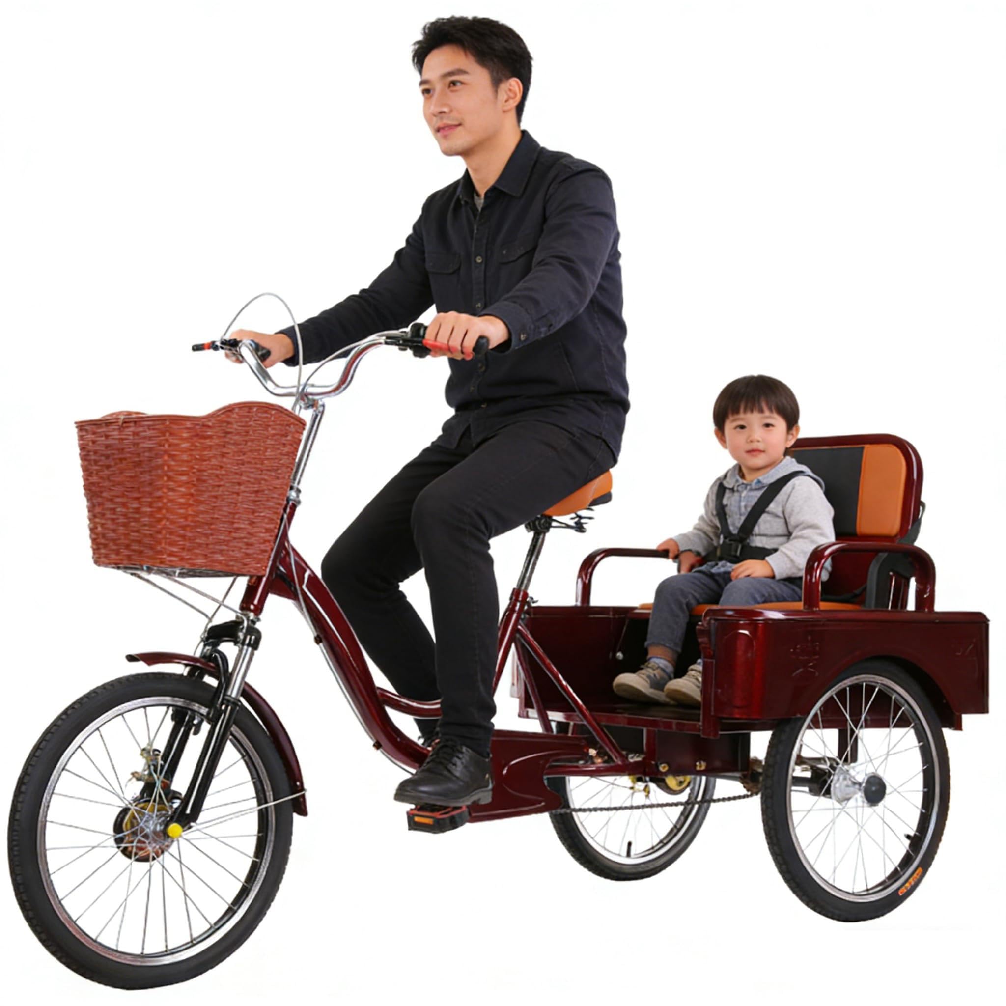Tricycle Cargo Rickshaw pour Adultes, siège Passager Pliable de 20 Pouces, Confortable pour passagers, Transport de Marchandises, Courses et Pique-niques, Charge maximale 200 kg (440 lbs)