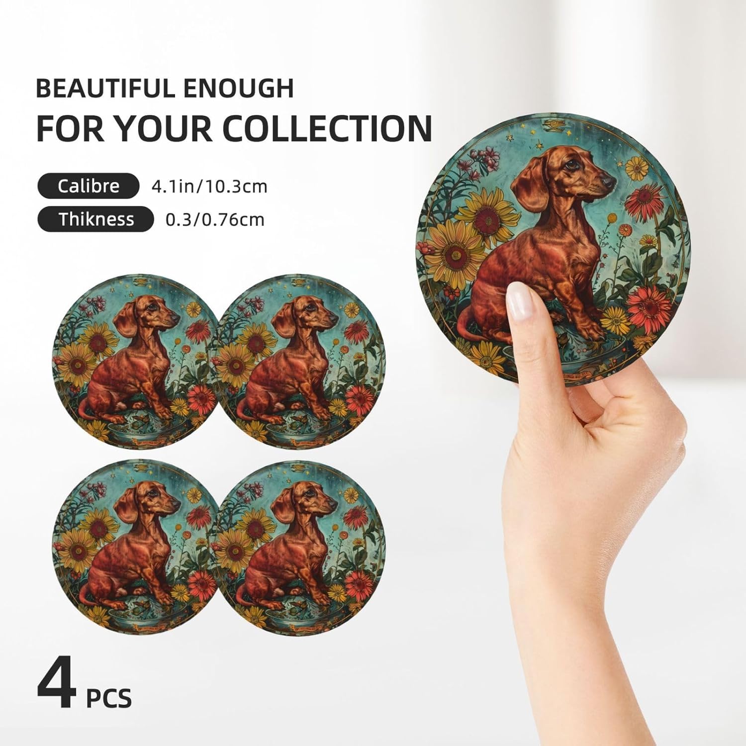 Dachshund Dog Memorial Gift Ceramic Absorbent Coasters for Dog Passing Away, Birthday Party, Wooden Glass Coffee Wine Tea Table Décor for House Warming for Dog Mom Dad Father Owner Lover