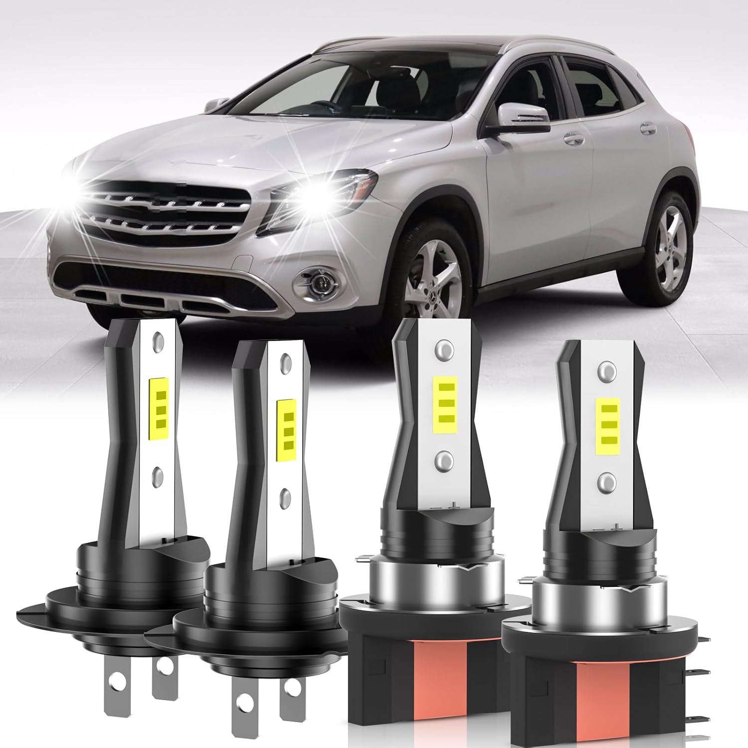for Mercedes-Benz GLA250 2014-2021 Lights Bulbs Combo, 4pcs Super Bright White Lights High Low Beam Blubs Package, 1:1 Size as Stock Bulbs, Plug and Play