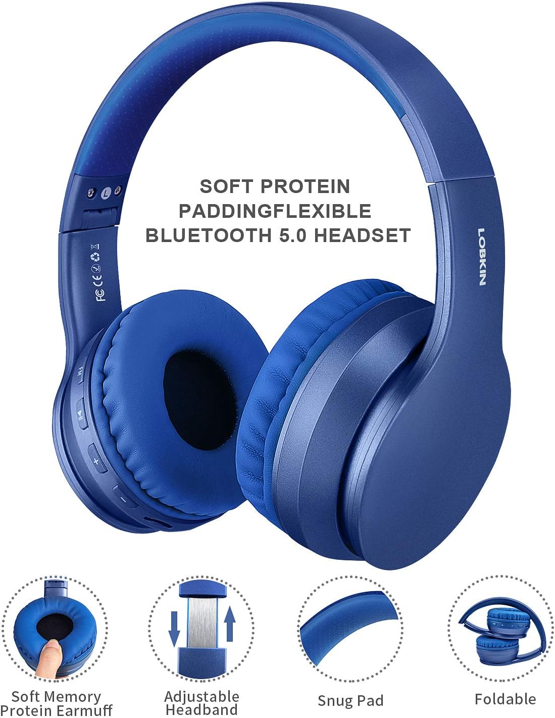 LOBKIN Bluetooth Headphone Over Ear, Stereo Wireless Headset with Microphone, Foldable Wireless and Wired Headphones with TF Card MP3 Mode and FM Radio for Smartphones Bluetooth headsets(Blue)