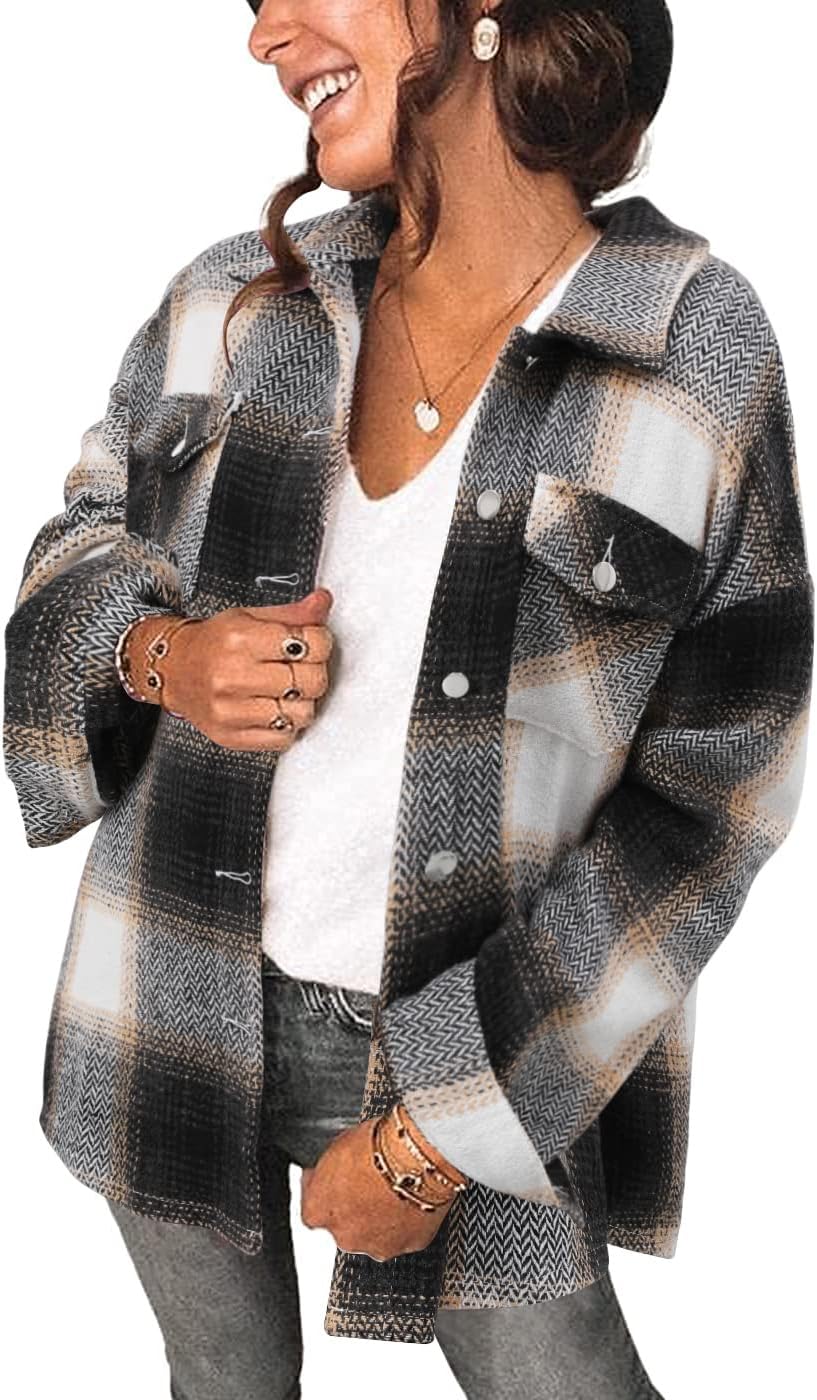 StunShow Women Plaid Shirt Button Down Flannel Shacket Long Sleeve Coat Jacket Tops Trendy 2025