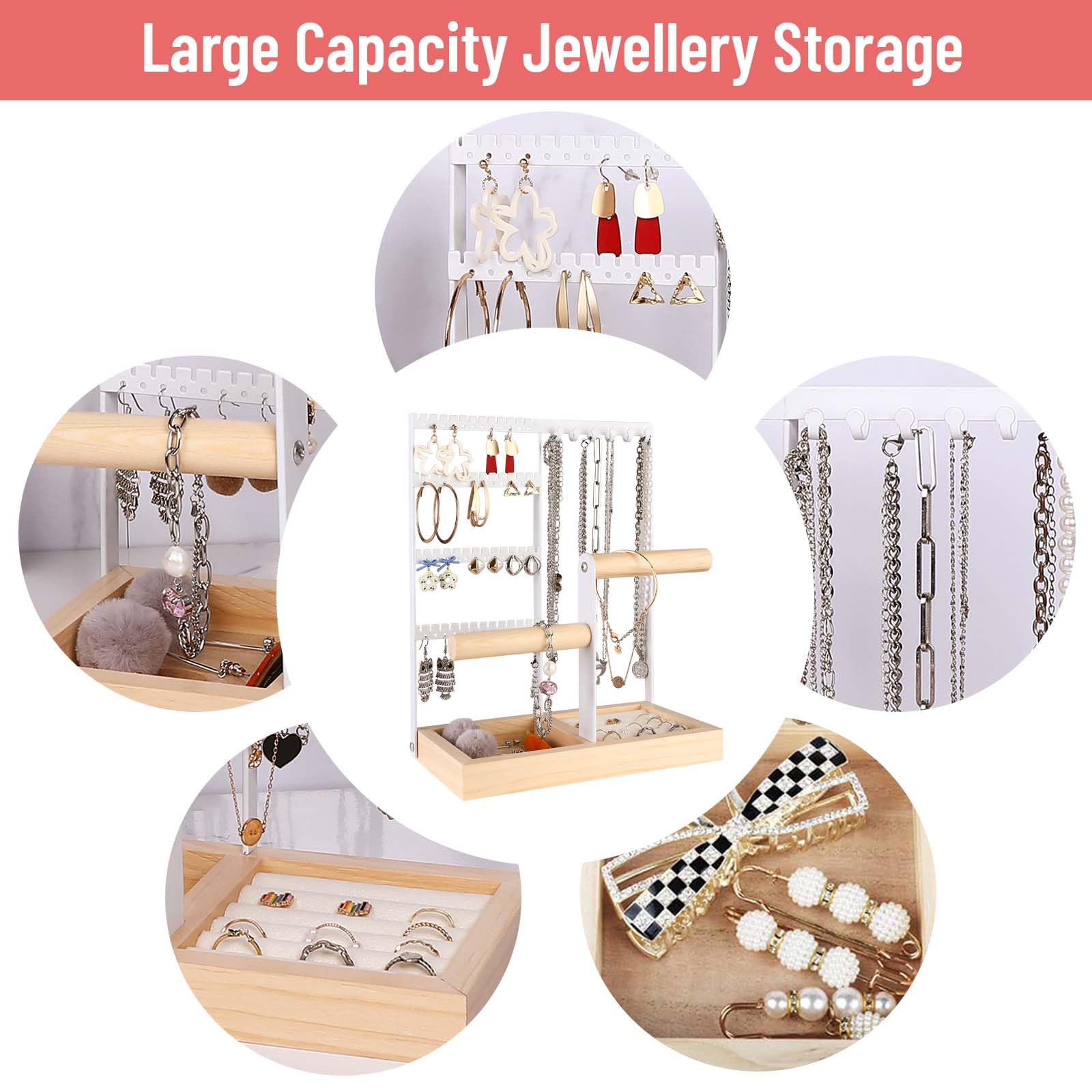 Mkitnvy Soporte para joyas,Expositor de Joyas con Bandeja, Combinación de madera y metal para Joyas de MaderaCollares Pulseras Mascarillas Pendientes Joyero Colgante