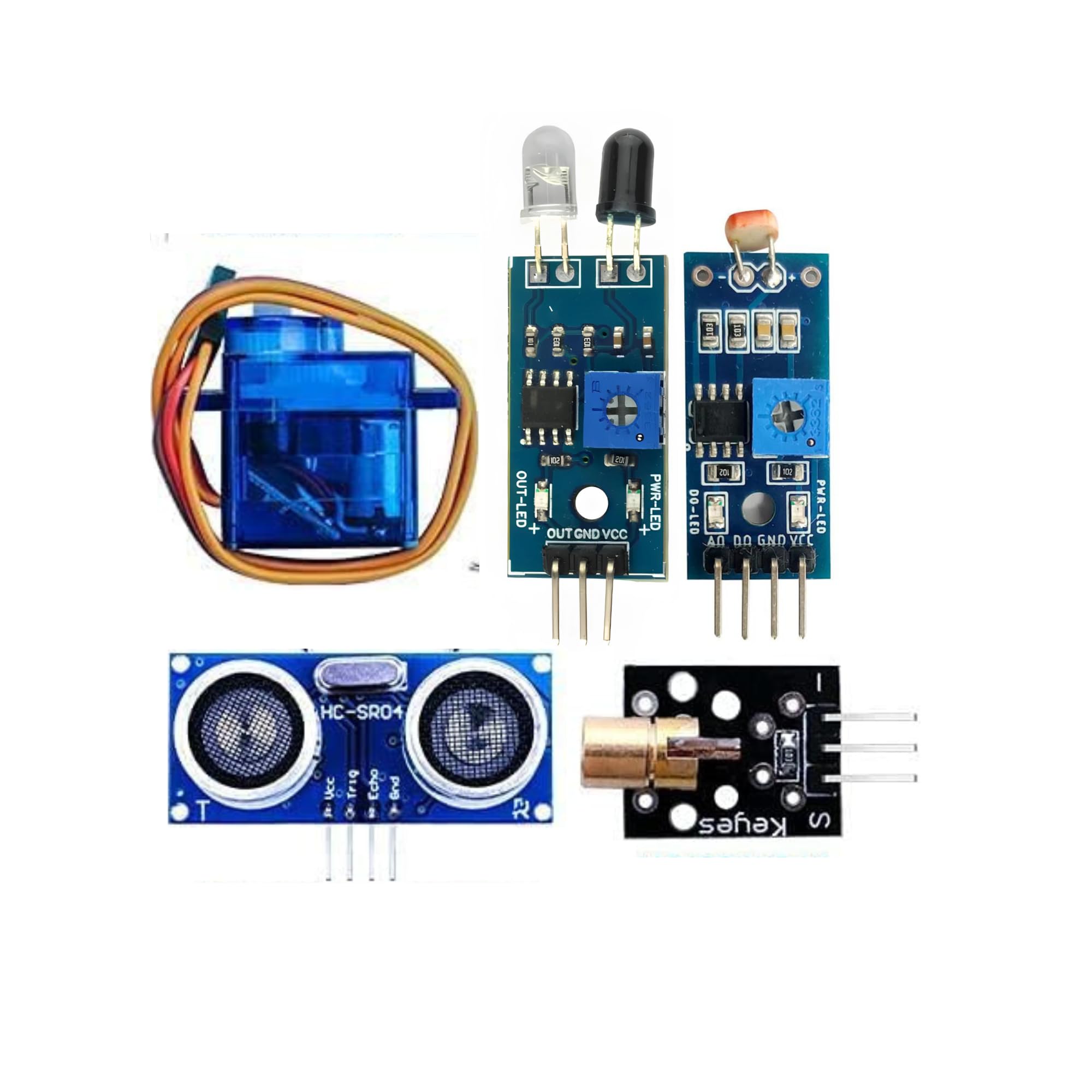 5-in-1 Sensor Kit for UNO & ESP32 | IR Sensor, LDR, Ultrasonic Sonar, Laser Module & Servo Motor | DIY Electronics & STEM Learning Kit