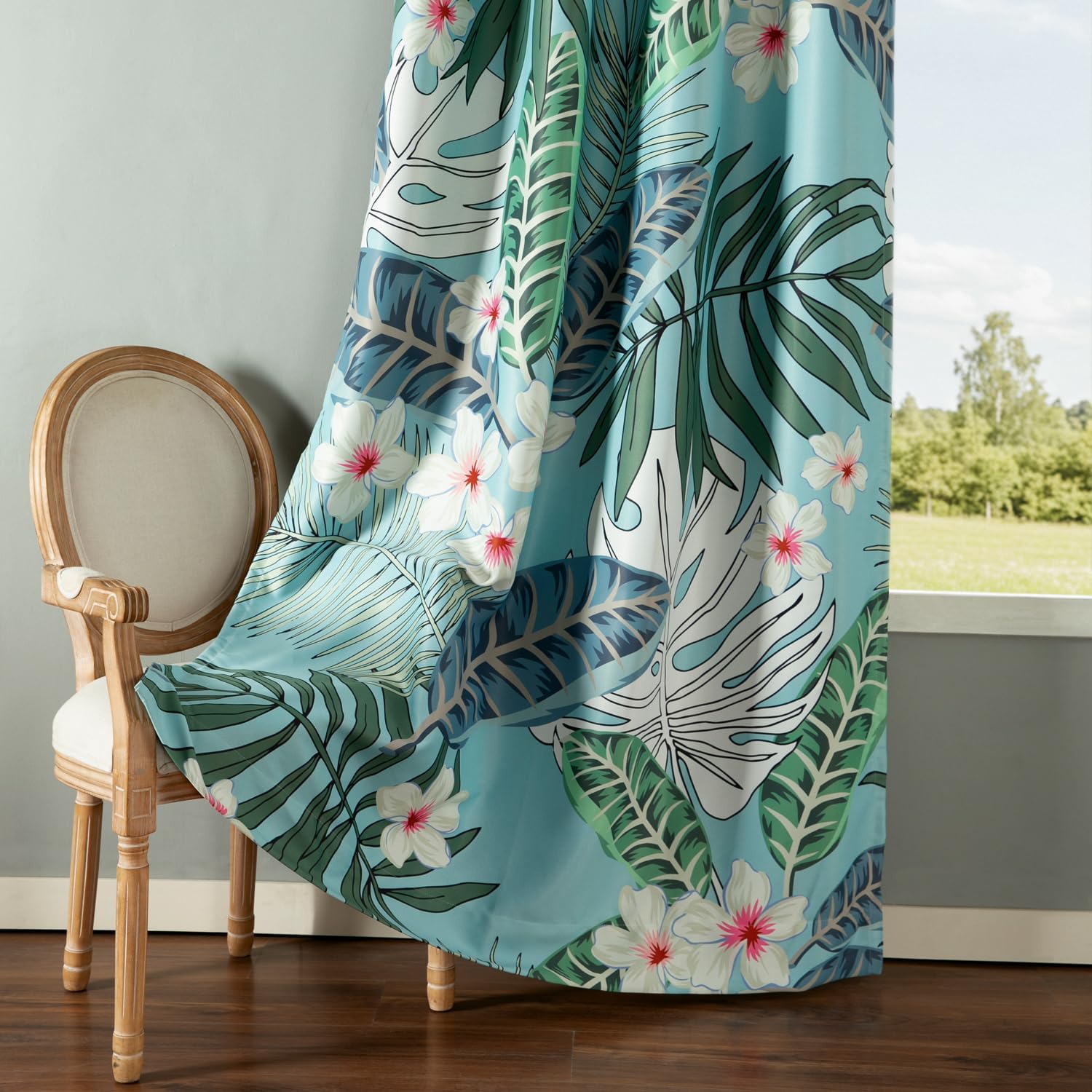 VOGOL Tropical Leaves Room Darkening Curtains, Flower Pattern Thermal Blackout Drapes with Grommet Top for Living Room and Bedroom, 52x84 Inches, 2 Panels