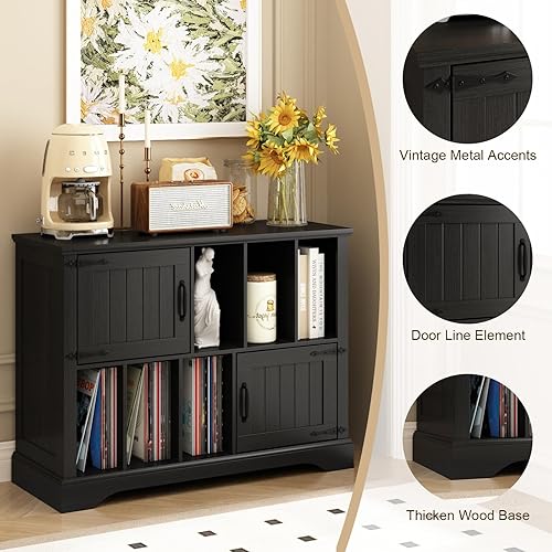 Miniatura 5 de Soporte grande para tocadiscos con almacenamiento para vinilos - Soporte para tocadiscos de 39.5" con gabinete de madera estilo granja y puertas
