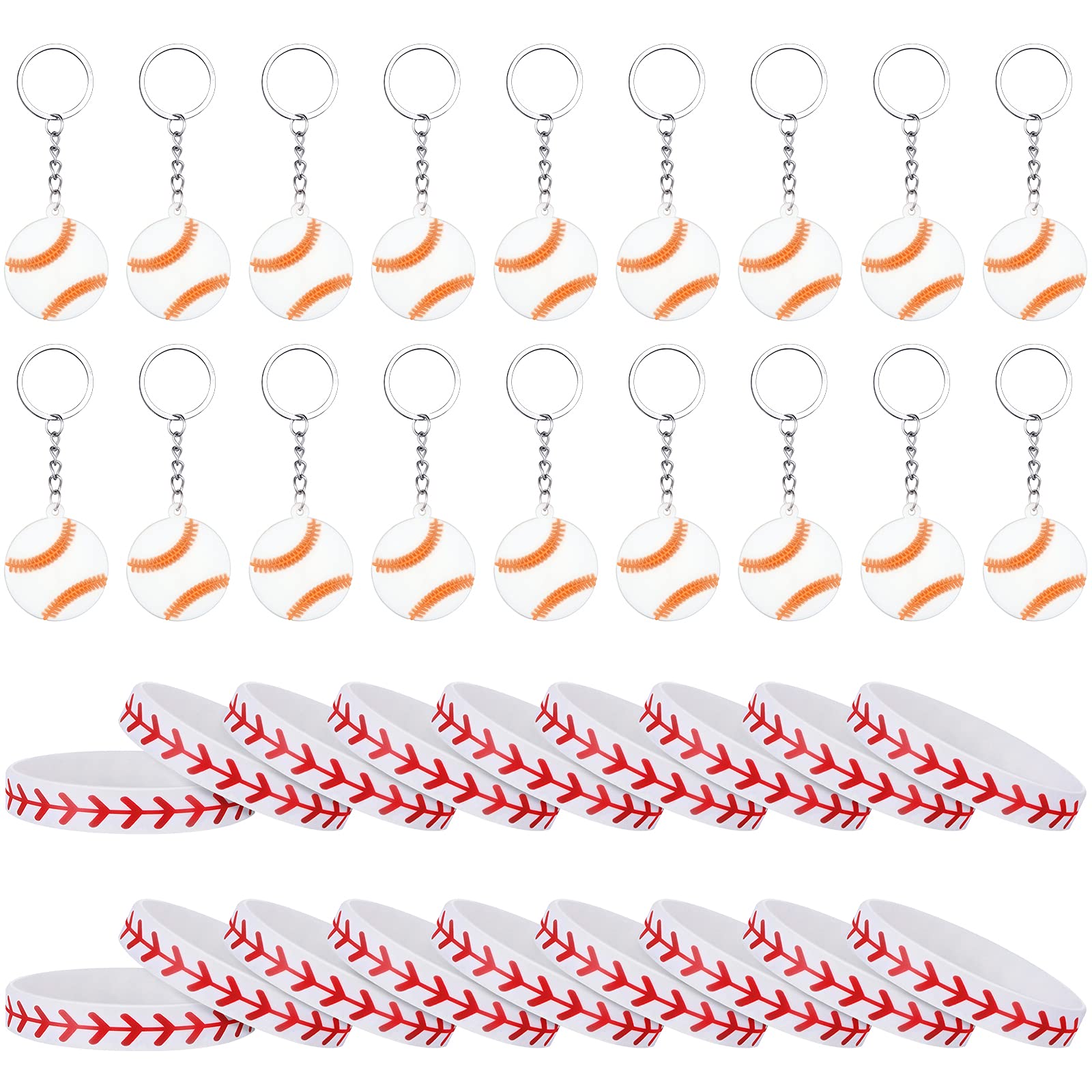 Hicarer 36 Pcs Baseball Party Decoration Set, Include 18 Pieces Baseball Rubber Bracelets Silicone Wristbands and 18 Pieces Mini White Keychains for