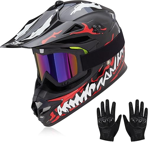 Miniatura 10 de cascos para niños y jóvenes de bicicleta todoterreno, motocross, ATV, BMX, MX, bicicleta todoterreno, casco de motocicleta J-01 con gafas y guantes