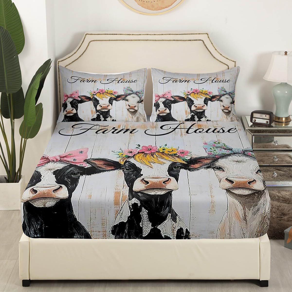 Erosebridal Funny Farmhouse Cow Twin Fitted Sheet,Milk Cow Print Bedding Set,Western Farm Animal Bed Sheets for Kids Boys Girls,Rustic Cabin Style Bed Set Bedroom Decor,2Pcs (No Flat Sheet)