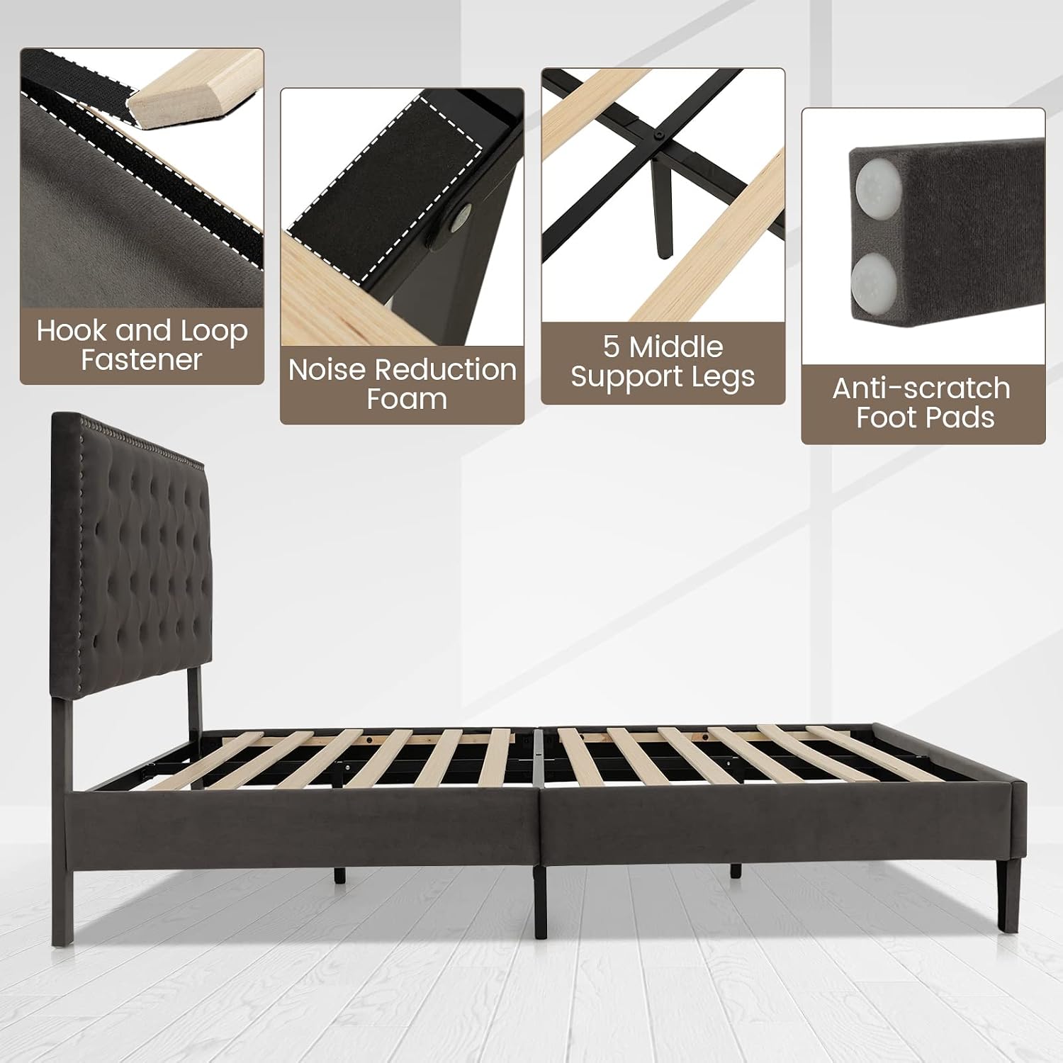 Upholstered Full Bed Frame, Low Velvet Mattress Foundation w/Wooden Slats, Button Tufted & Nailhead Trim Headboard, No Box Spring Needed, Easy Assembly, Double Platform Bed Frame Full Size