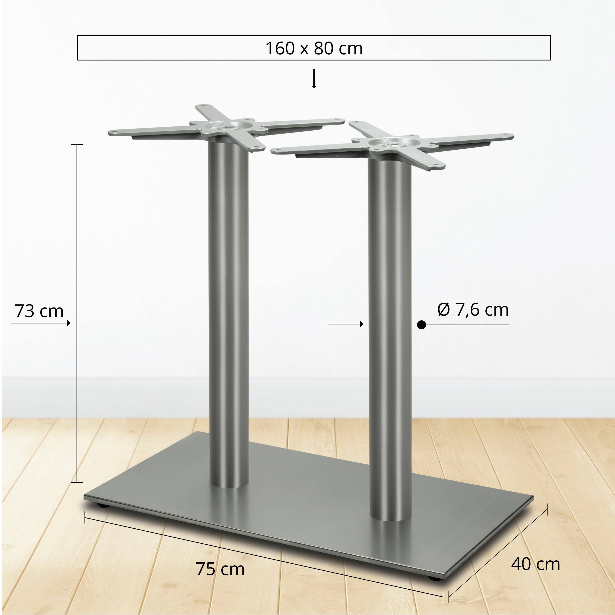 Doppel Tischgestell | Premium | PD7091inox | INOX | Edelstahl Esstisch Tischbein | Höhe 73 cm | 31 kg | Bodenplatte 75x40 cm | max. Tischplattengröße 160x80 cm
