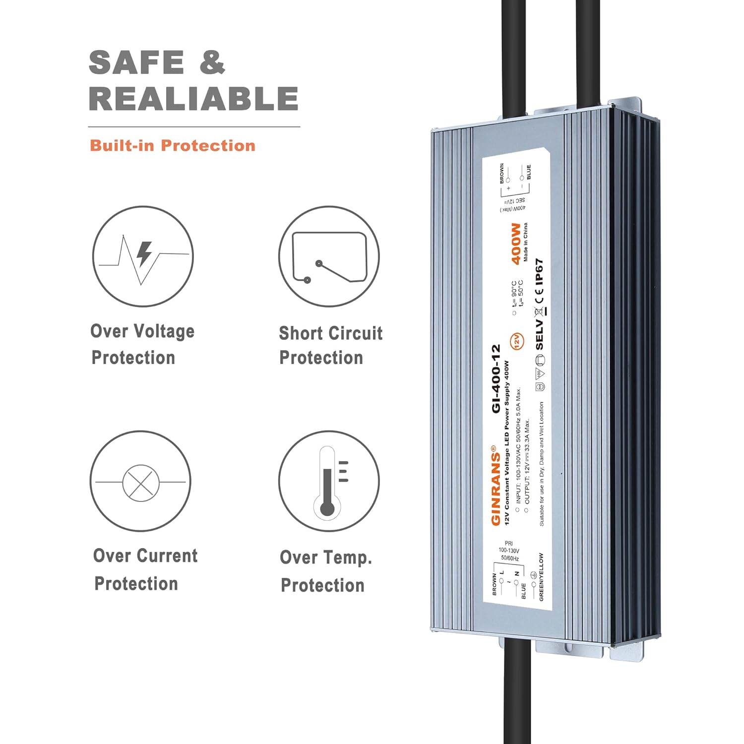 400W IP67 Waterproof Constant Voltage LED Driver Power Supply Transformer, 100-130V AC Universal Input with Plug, Output 12V DC 33.3A Max. for Outdoor LED Lighting